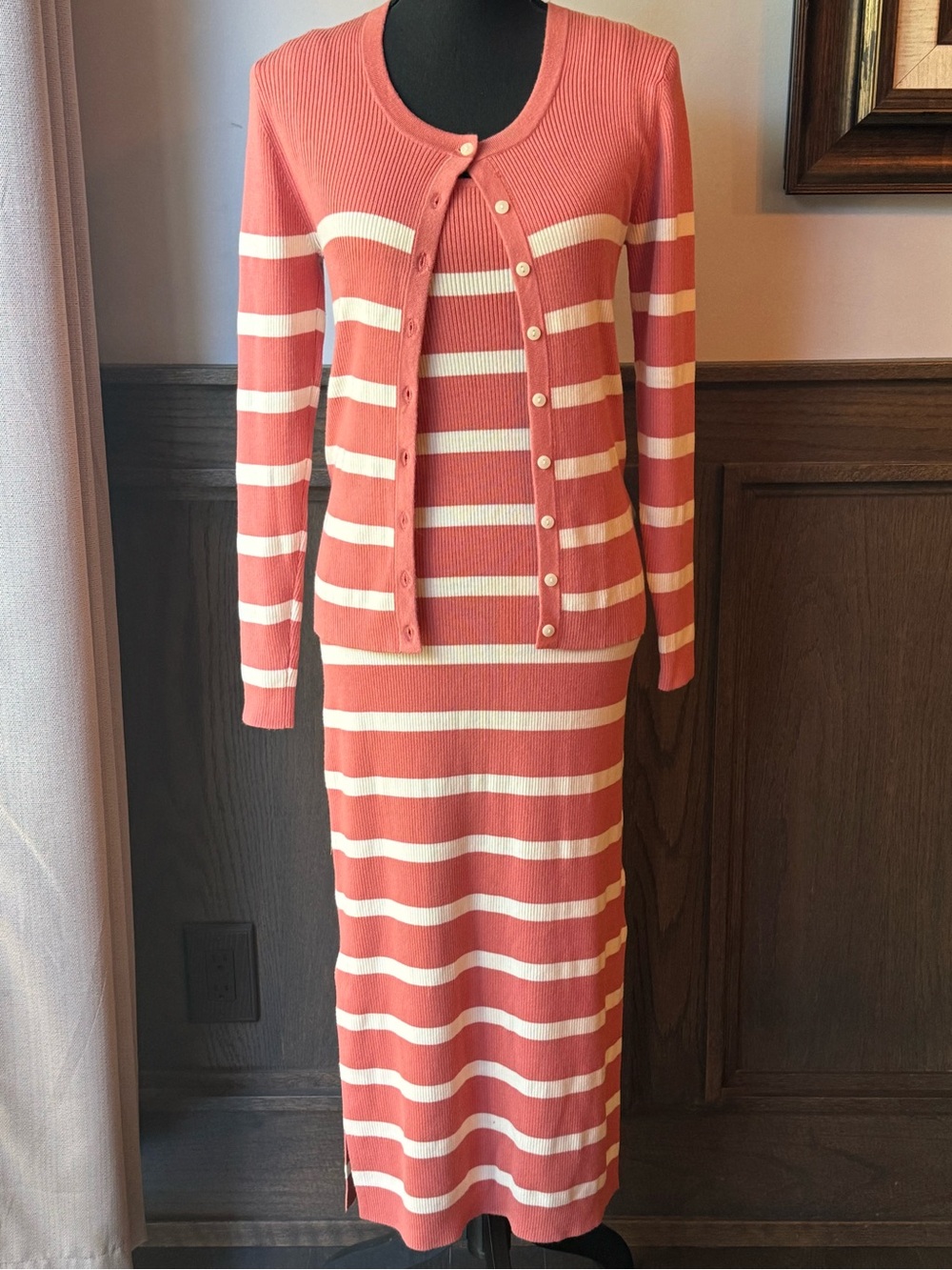 Time and Tru Coral and Cream Striped Knit Maxi Dress with Cardigan small Euc